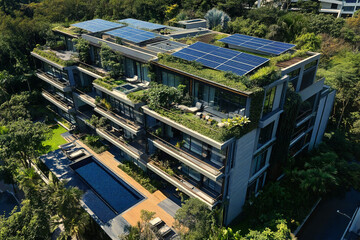 Fototapeta premium A stunning multi-story office building with integrated solar panels on the roof and solar glass windows, reflecting the vibrant city skyline. 