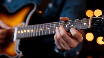 Naklejka premium Musician plays acoustic guitar on stage with warm bokeh lights in the background at a local music event during the evening