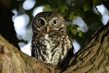 Obraz premium Owl perched on tree branch in a lush forest during daylight hours