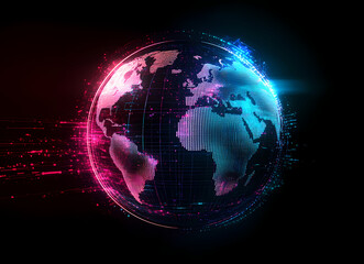 Obraz premium Abstract glowing neon planet Earth with digital lines and light effects on a black background