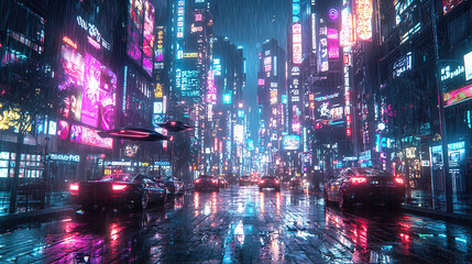 A cyberpunk cityscape comes alive at night with rain, neon lights, and flying cars creating a futuristic scene.