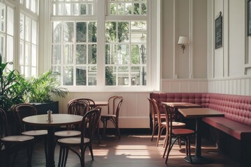 Obraz premium Bright cafe interior with large windows, sunny day. Ideal for a business meeting