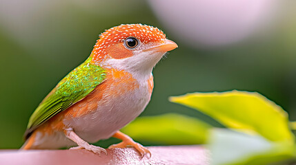 Fototapeta premium Small colorful bird with orange and green plumage perched outdoors in bright daylight.