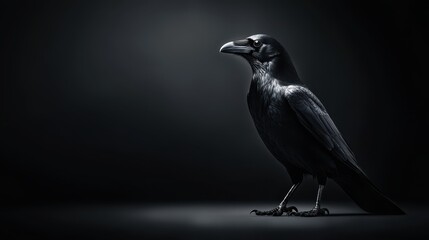 Majestic Black Raven Standing Against Dark Background in Studio Light