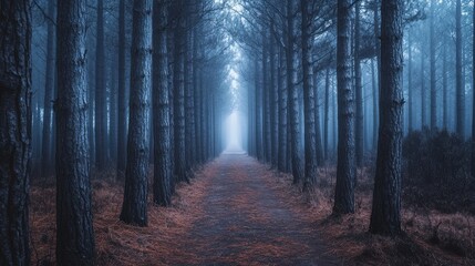 Foggy Forest Road Lined with Tall Shadowy Pine Trees Disappearing Mist