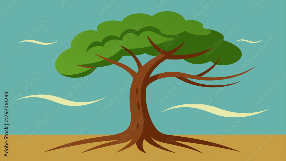 Poster tree with deep roots an illustration of a tall tree with deep roots holding firm against a strong wi