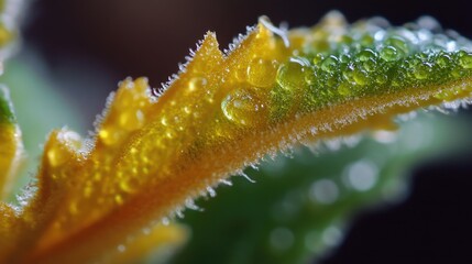 Fototapeta premium A detailed view of a leaf with water droplets glistening on its surface, perfect for use in nature-inspired designs or scientific illustrations