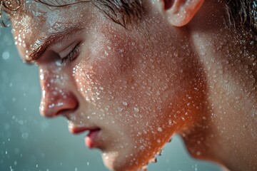 Close-up shot of a young man's face and hair, with raindrops falling from above