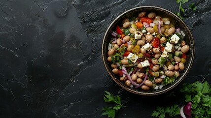 Vibrant mediterranean bean salad with feta and fresh herbs on slate background
