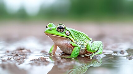 Naklejka premium Green frog in puddle, forest background, nature photography