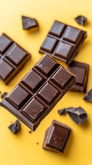 Fototapeta premium Dark chocolate bars and fragments on a bright yellow surface
