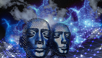 Abstract digital human face. Artificial intelligence concept art. Modern science 3d render.