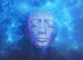 Abstract digital human face. Artificial intelligence concept art. Modern science 3d render.