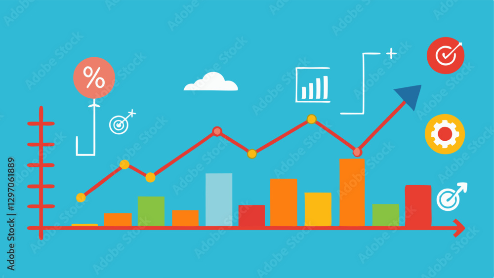 Poster stock market graph a chart with a rising line overlaid with the symbols of various industries illust