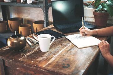Pottery, notebook and hands with writing in workshop for inventory information, client order checklist and planning. Small business owner, person and notes for supplies management and creative ideas