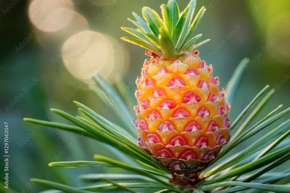 Poster a single pine cone sits atop a pine tree branch in a natural setting