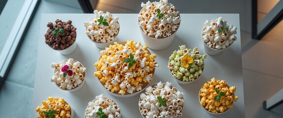 Delicious popcorn varieties sampling event movie theater food display indoor environment aerial view culinary experience