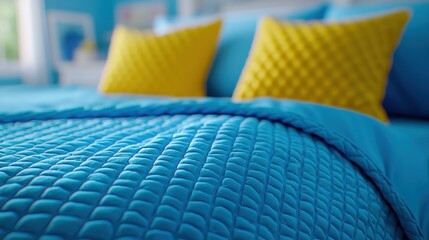 Naklejka premium Bright and Cozy Bedroom with Blue Bedding and Yellow Cushions