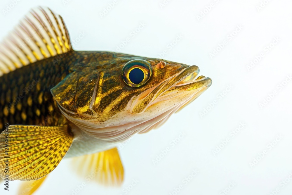 Poster a clear image of a fish's face on a white surface, suitable for use in editorial or educational cont