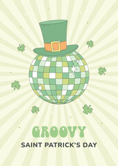 St Patrick's Day poster, greeting card, party invitation, retro style. Green leprechaun hat on a sparkling mirror disco ball. Vector illustration.