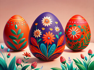 Three ornately decorated Easter eggs with floral patterns and vibrant colors. Festive spring illustration against a soft background. Modern art style