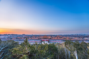 A panoramic view of the night scene of the Palace Museum in Beijing, China, a glorious historical...