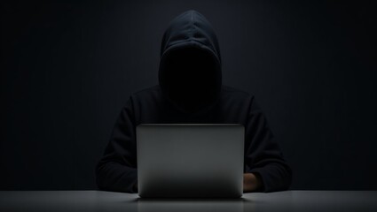 Mysterious hacker at desk with laptop