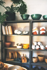 Pottery, business and shelf with ceramic in workshop for sale, retail store and stock production. Creative, art studio and clay objects, handicraft products and sculpture design for decoration
