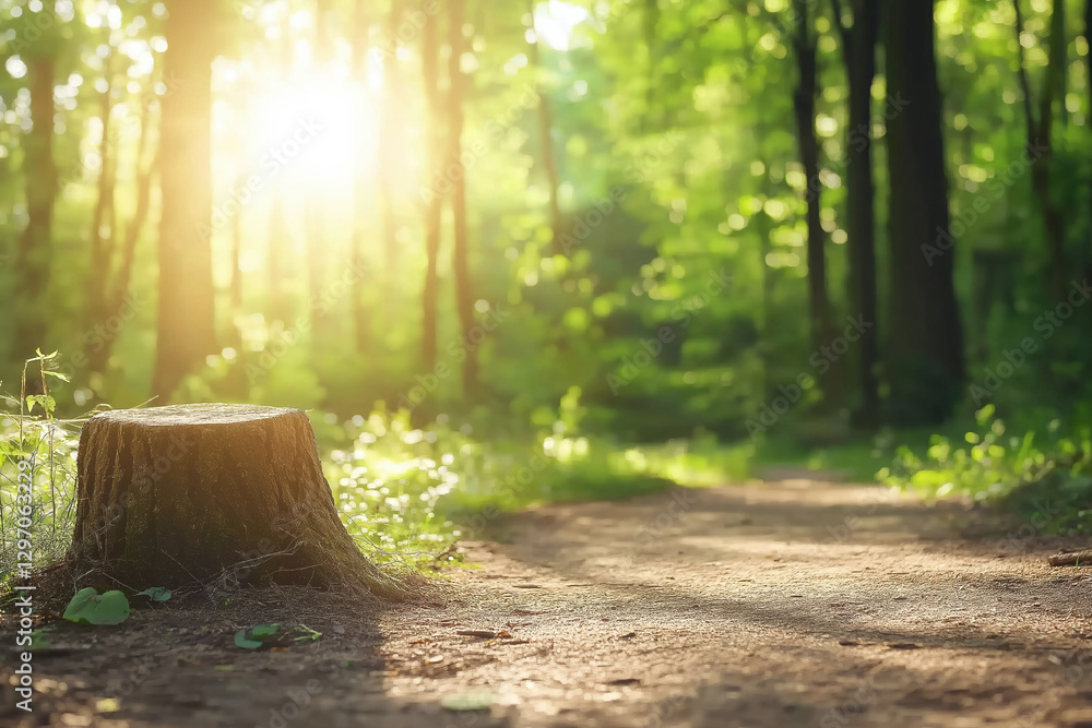Poster sunlight filters through trees illuminating a peaceful forest path with a tree stump