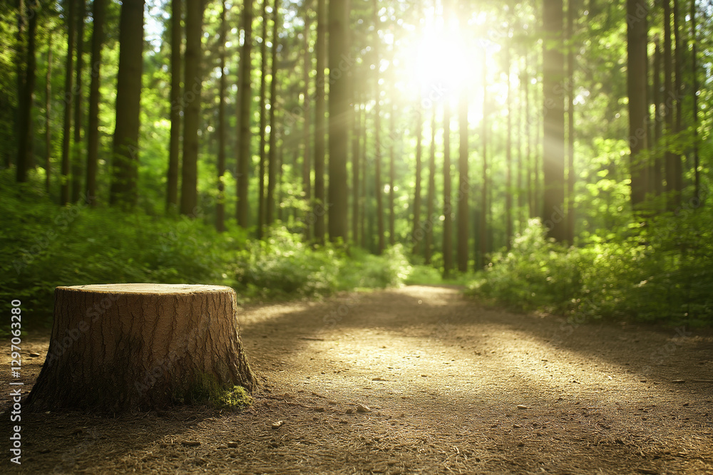 Aufkleber sunlight filters through trees onto a forest path with a tree stump nearby