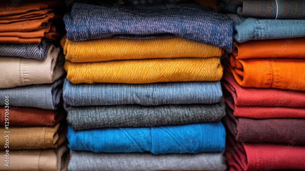 Poster a stack of folded shirts on a shelf with clean lines and simple background