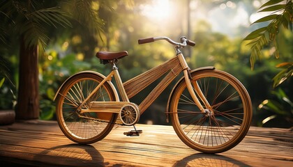 Fototapeta premium Bamboo bicycle resting on wooden floor in tropical setting at sunset