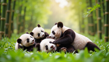 Panda cubs playing in lush bamboo forest