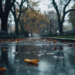 Fototapeta premium Serene rainy day in park with lush greenery high resolution picture