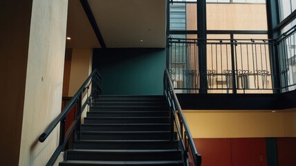 the building staircase with black iron handrail.