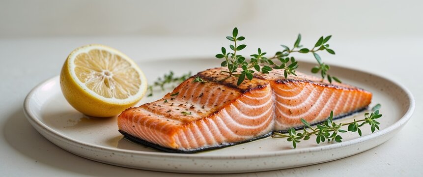 Grilled Salmon Fillet with Lemon and Thyme on a White Plate for Healthy Meals.
