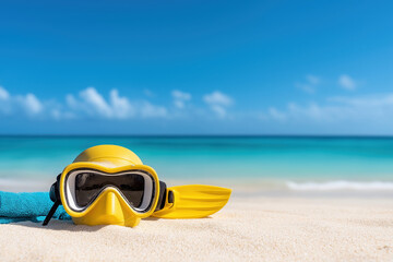 Bright yellow snorkeling gear rests on the warm sandy beach by the clear blue ocean