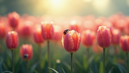 Fototapeta premium Ladybug perched on a pink tulip in a blooming garden during tulip festival