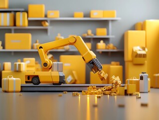 Robotic sorting arms gracefully maneuvering through a bustling futuristic package distribution hub optimizing the intricate logistics network powering modern commerce and efficient delivery