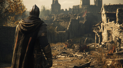 A knight saluting his fallen comrade, standing among ruins of a burned village