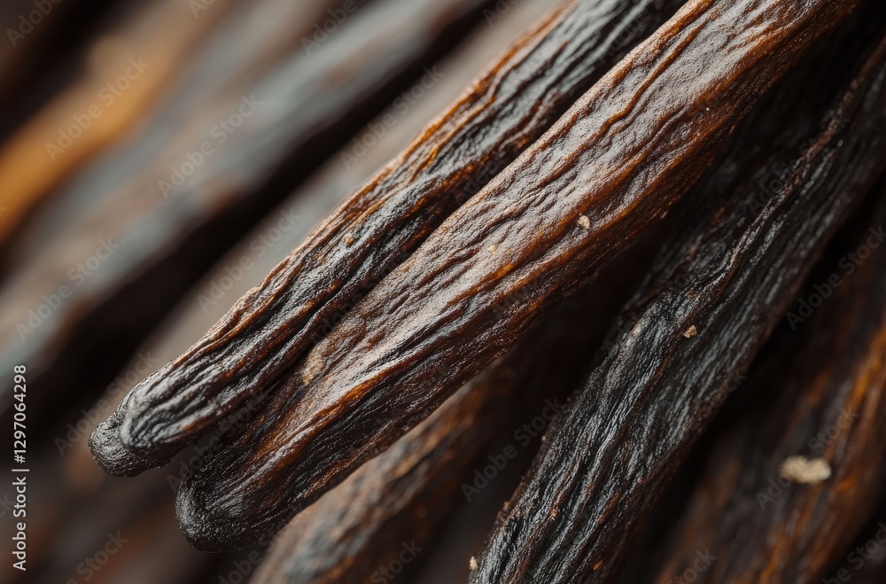 Aufkleber close-up of dried vanilla pods displaying unique textures and colors for culinary and aromatic uses