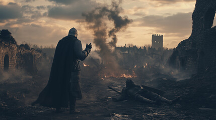 Fototapeta premium A knight saluting his fallen comrade, standing among ruins of a burned village