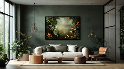 Sophisticated tropical living room with deep green walls, jungle-inspired wall art, and natural materials, creating a serene and elegant atmosphere