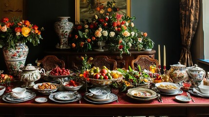 Fototapeta premium Luxurious vintage dining room with elegant floral arrangement and antique china