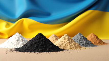 Rare earth metals of Ukraine. Set of rare earth elements on yellow-blue background.  AI generative.