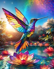 Obraz premium Giant stained glass hummingbird hovering over water lilies and rainbow