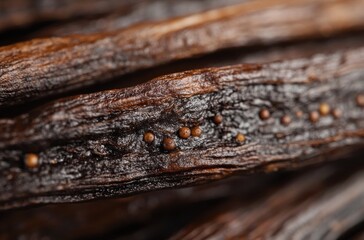 Obraz premium Close-up of Rich Dark Brown Vanilla Bean Pods Showcasing Texture and Unique Features of Natural Spice in Culinary Ingredients and Gourmet Cooking