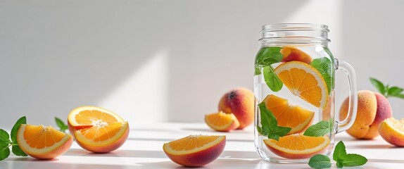 Refreshing fruit infused water with oranges and peaches in a glass jar.