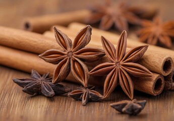Close-up of star anise pods and cinnamon sticks on a wooden table, showcasing their rich textures and earthy tones for culinary and decor purposes