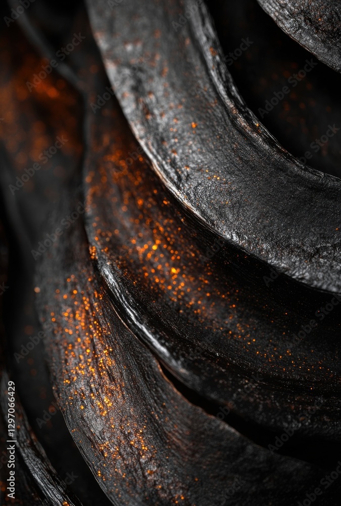 Poster close-up of textured black surface with shimmering orange speckles creating an abstract and dramatic
